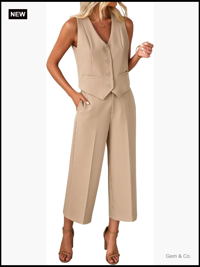 Sleeveless Blazer & Wide Leg Capri Pants 2 Piece Work Set